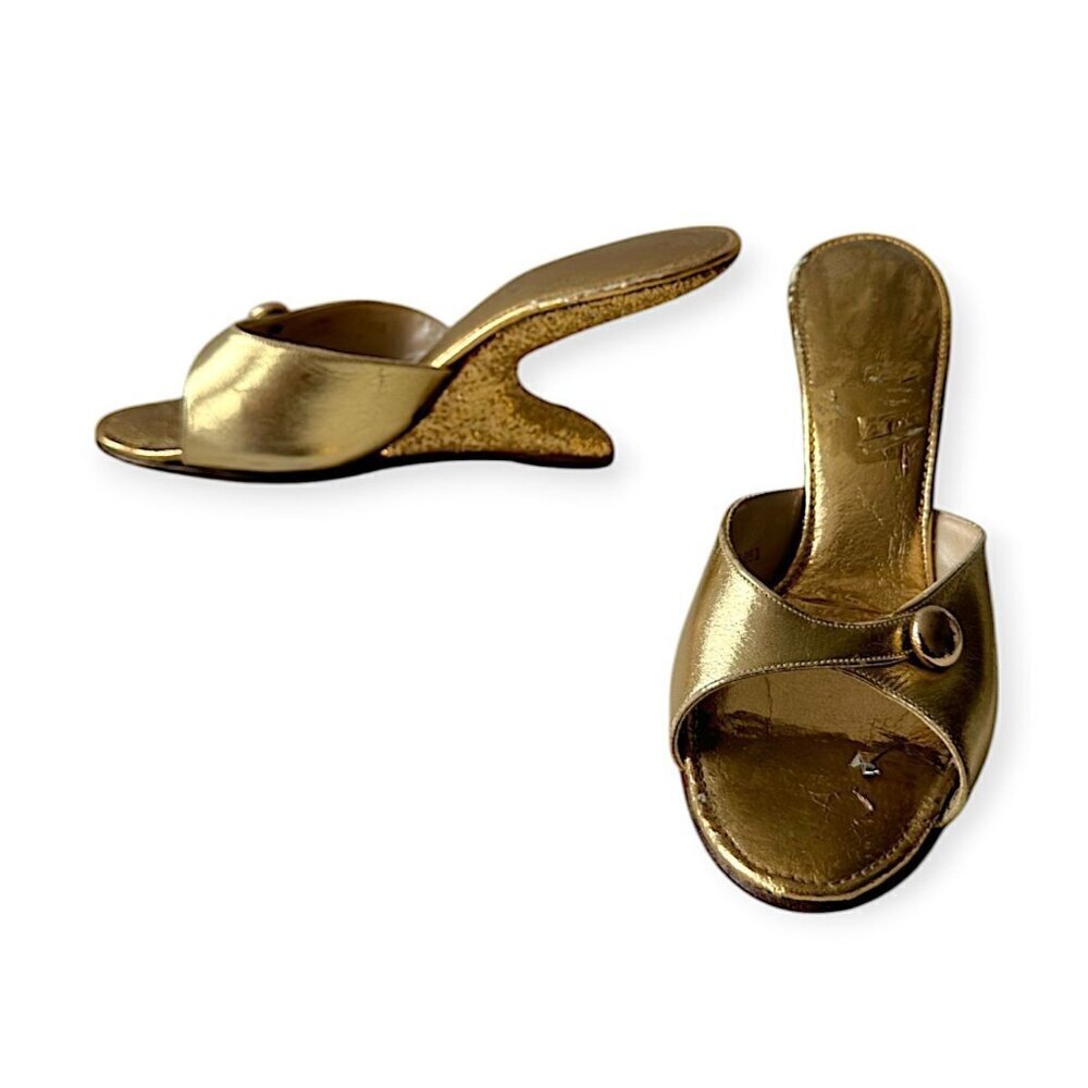 Vintage 1950s Gold Boomerang Wedge Mules Sculptural Heel, Metallic Leather 8.5n